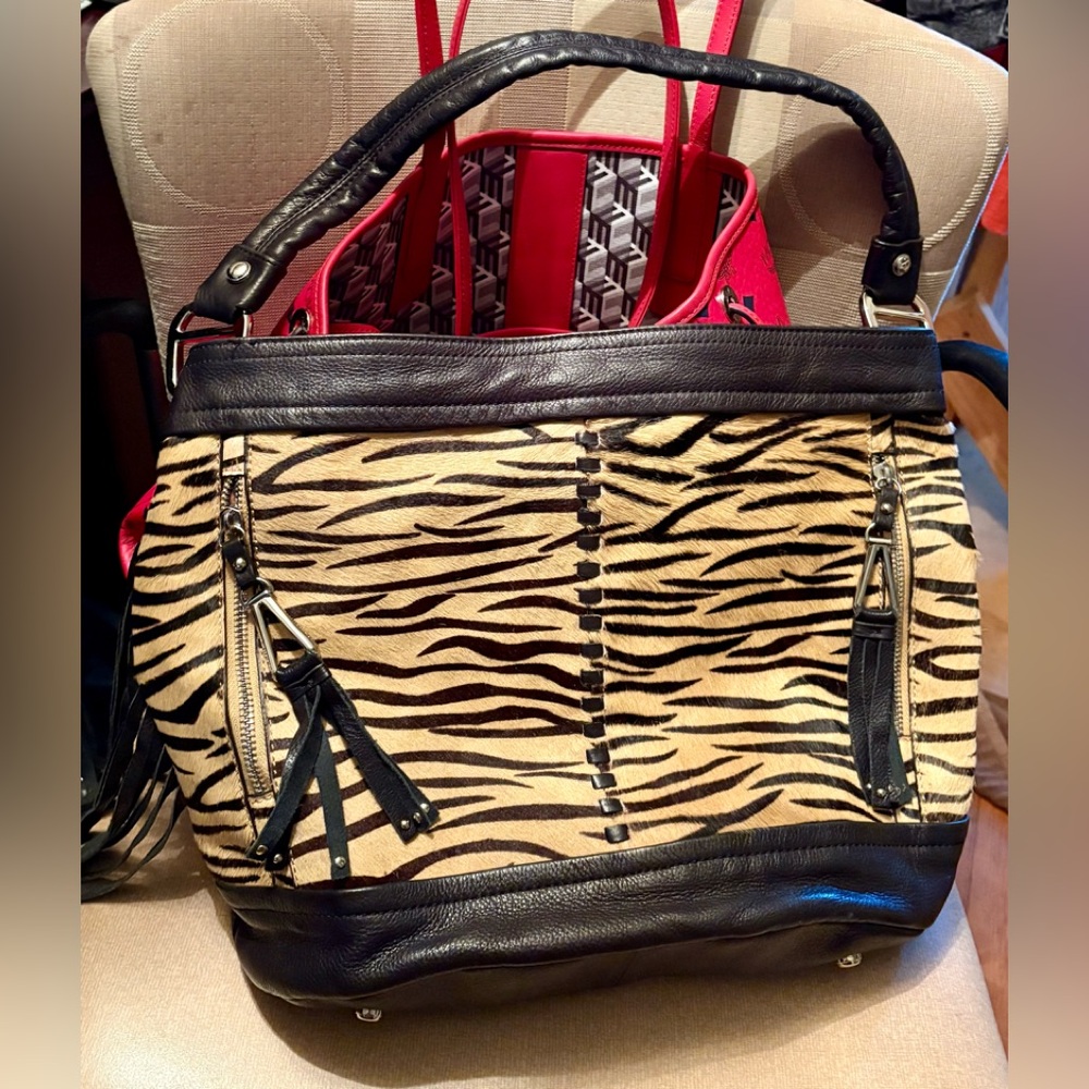 B. Makowsky Zebra Black Calf hair & leather Hobo Shoulder Bag - Picture 2 of 10